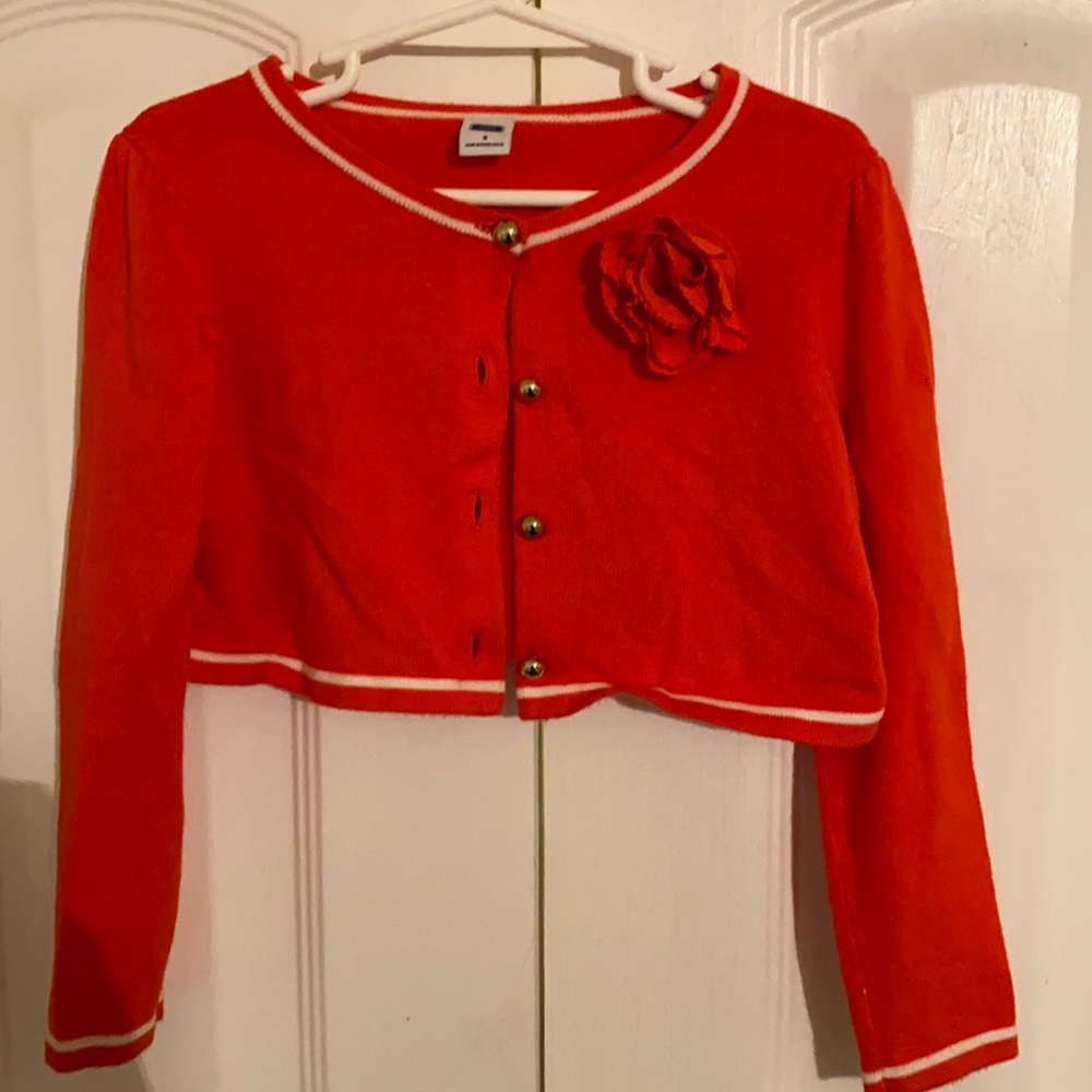 Girls Janie and Jack sweater size 3, orange with gold buttons.